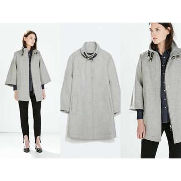 ZARA Wool Blend Cape Coat Buckle Poncho Jacket Funnel Neck Gray - Picture 13 of 13